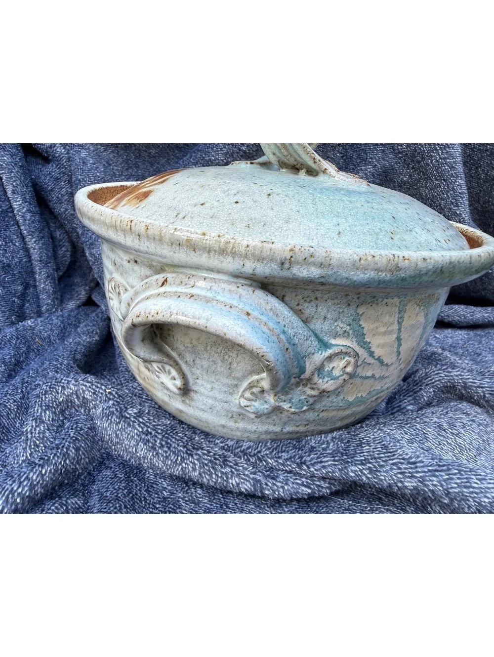 Handmade Ceramic Pottery Bowl with Lid and Decorative Handles